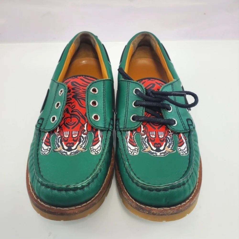 NWT$420 Gucci Boy's Green Leather Loafer w/ Red Animal Print Sz Gucci 30 US 12.5